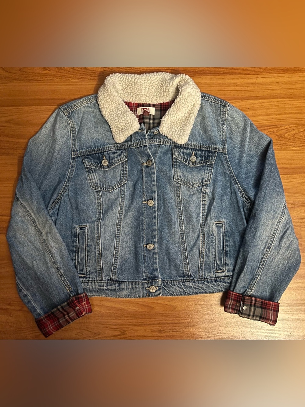 lei Blue Denim Jacket with White Sherpa Collar and Red Plaid Lining